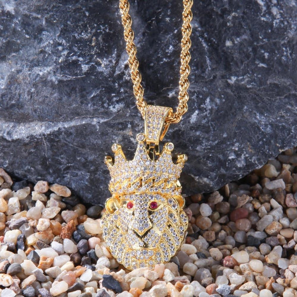 18K Gold Crowned Lion Necklace