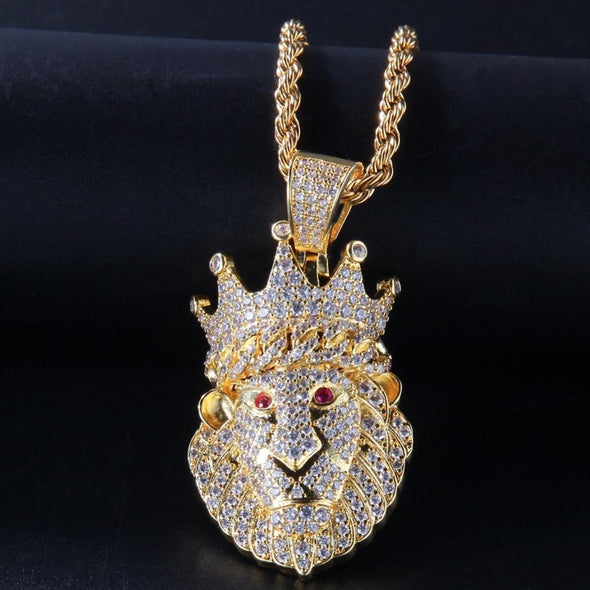 18K Gold Crowned Lion Necklace